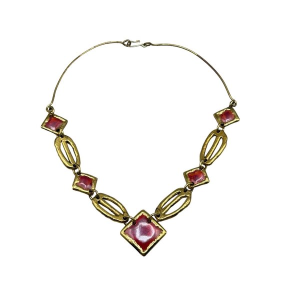 Vintage 70s Brutalist Necklace Handcrafted Brass & Enamel Statement Jewelry - Picture 1 of 6